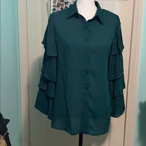 Forest Green Ruffle Sleeves Chiffon Blouse